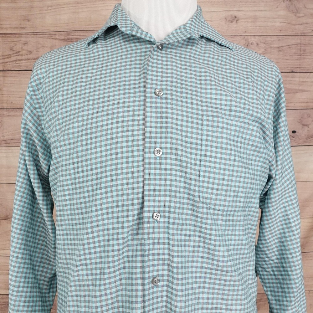 Kenneth Cole Reaction Shirt Mens L 16-16.5 34-35 Green Check Button-Up Non-Iron